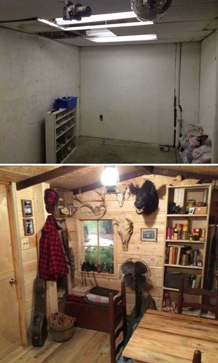 Before and after photo of a rustic room home renovation, inspiring a unique and personalized redo.