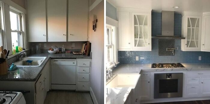 Before and after photo of a kitchen home renovation, inspiring a modern and functional redo.