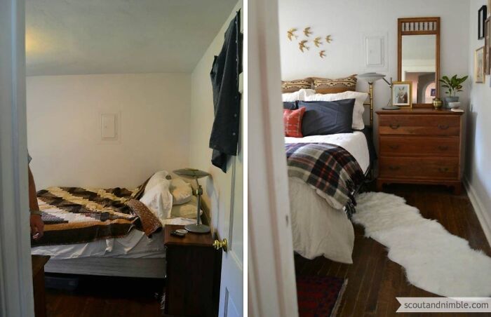 Before and after photo of a bedroom home renovation, inspiring a cozy and stylish redo.
