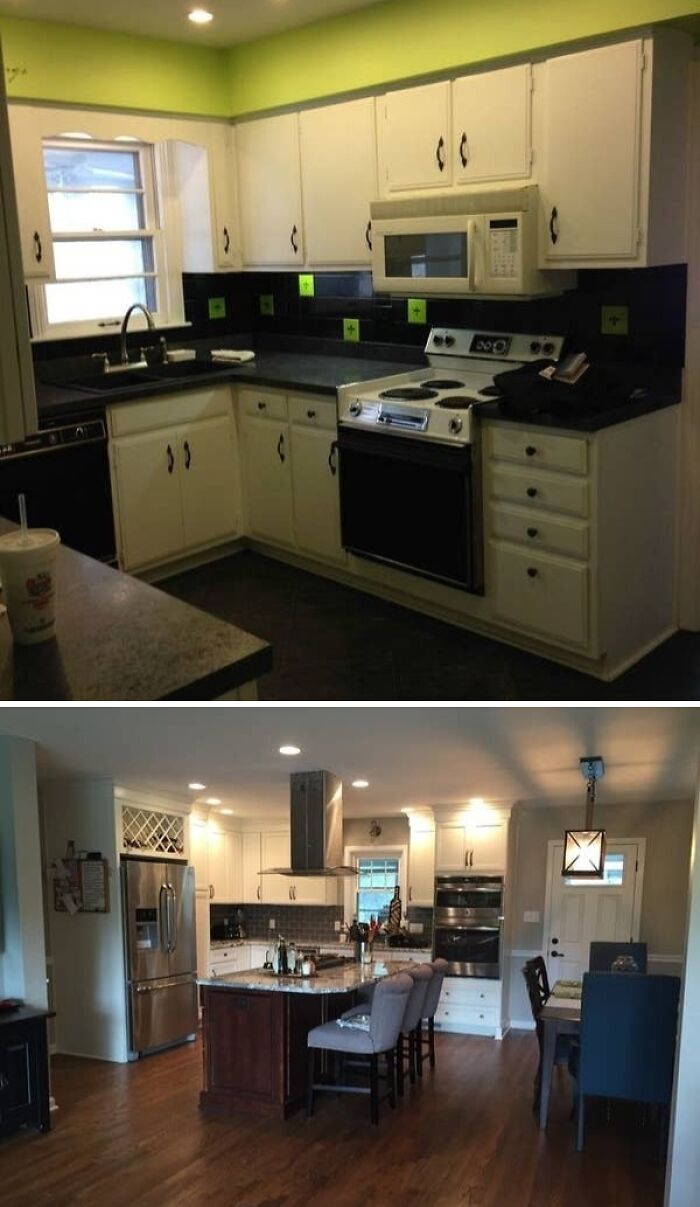 Kitchen home renovations, showing a complete remodel with white cabinets, a large island, stainless steel appliances, and wood floors.