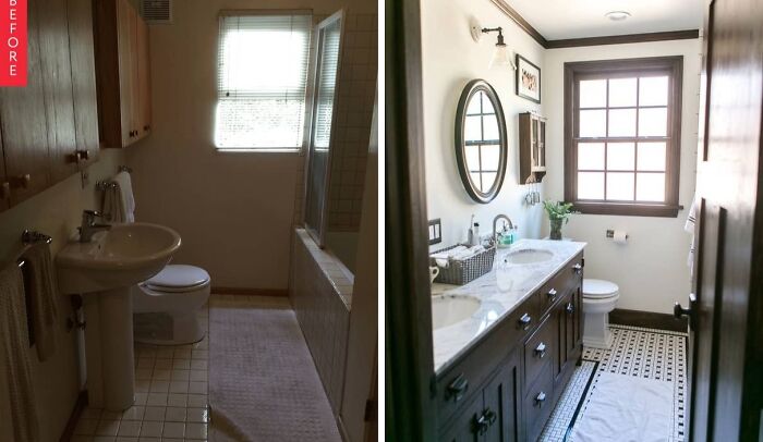 Home renovations of a bathroom, transforming it with a new dark wood vanity, mirrors, and patterned floor tiles.