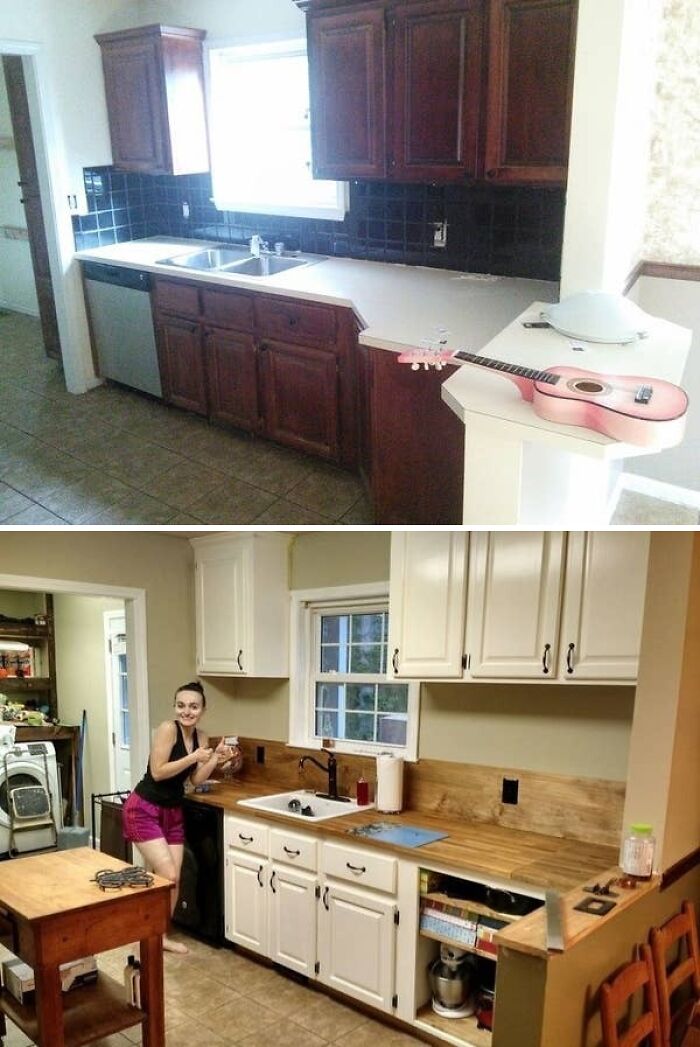Kitchen renovations showcasing a before and after with dark cabinets replaced by white, and a new wooden countertop.