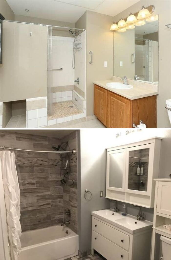 Bathroom renovations before and after, featuring a walk-in shower replaced with a tub and a new double vanity.