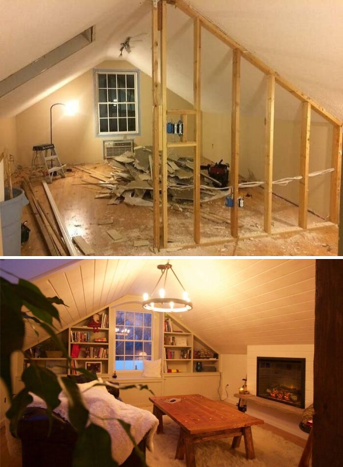 Before and after home renovations showing an attic living room transformation with new fireplace and built-in shelves.
