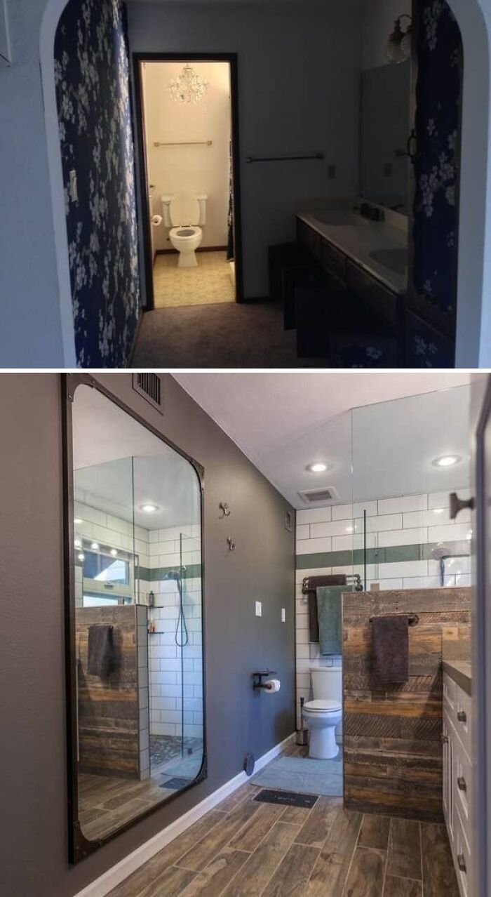 Before and after home renovation of a bathroom, featuring a modern shower, vanity, and toilet.