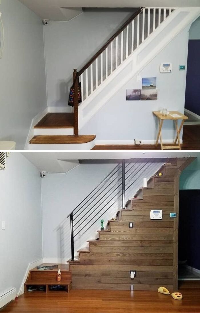 Before and after home renovation of a staircase, transformed with new wood paneling and railing.
