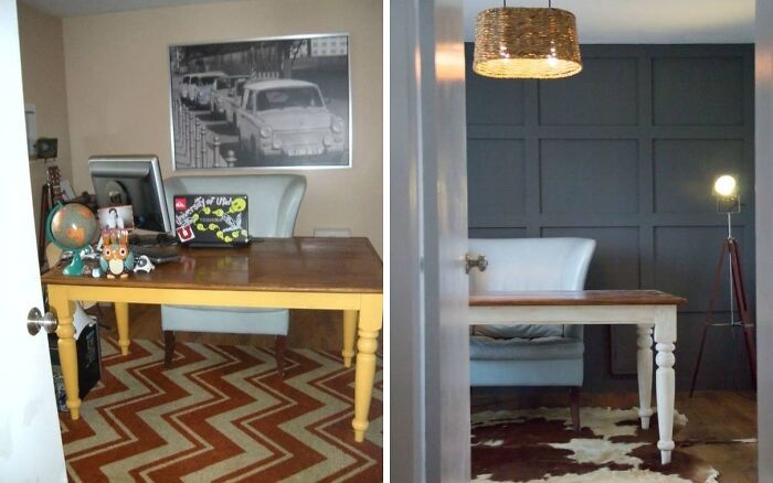 Before and after home renovation of an office space, showcasing a stylish desk and contemporary decor.