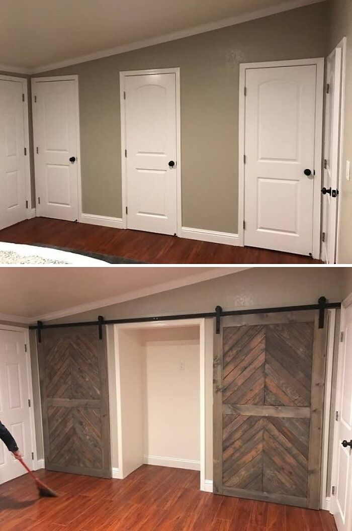 Before and after home renovation of a bedroom with old doors replaced by new barn-style sliding doors.