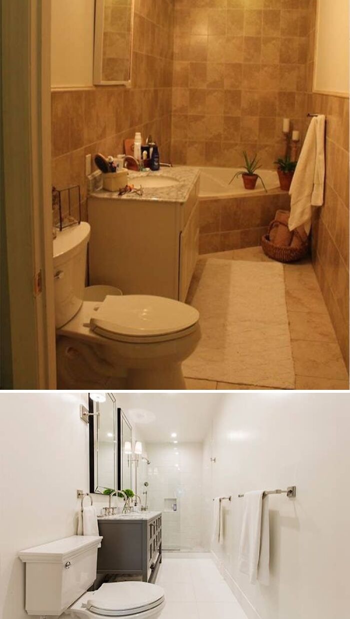 Before and after home renovation of a bathroom featuring a new vanity, bathtub, and tiled walls.