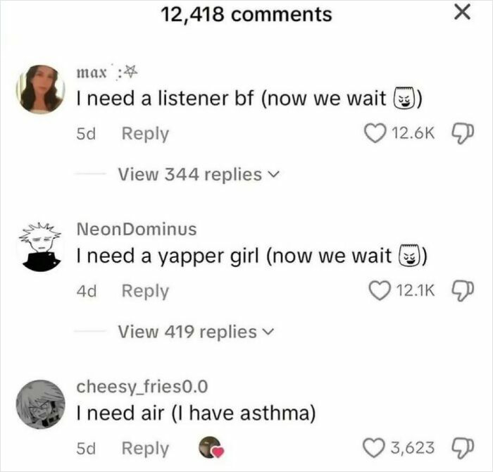 A screenshot showing multiple savage comments on a post, including one about needing air due to asthma.
