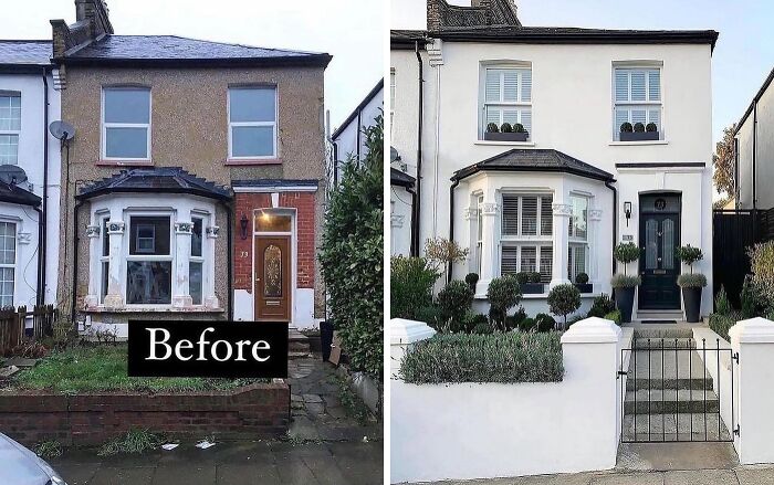 Before and after home renovation showcasing a stunning exterior transformation with a new white facade and elegant landscaping.