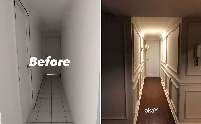 Dramatic home renovation of a narrow hallway, transitioning from a plain white space to an elegant corridor with decorative wall molding and warm lighting.