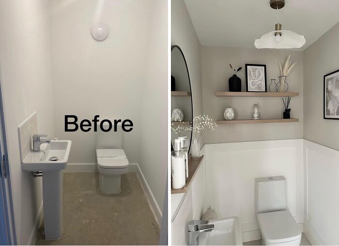 Small bathroom home renovation, transformed from a simple, unadorned space to a chic, modern powder room with floating shelves and stylish decor.