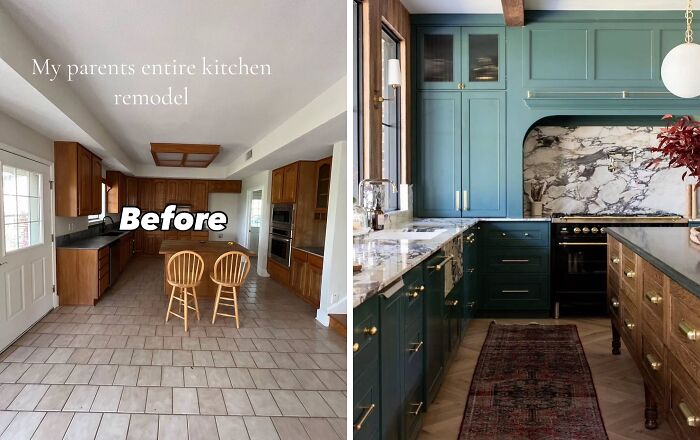 Complete kitchen home renovation, updating an outdated wooden kitchen with new dark green cabinets, marble backsplash, and modern appliances.