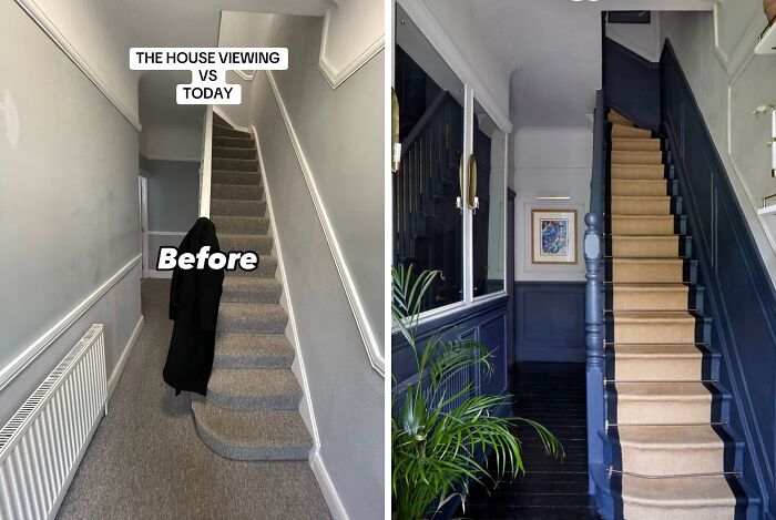 Before and after of a hallway renovation, featuring a bold blue color scheme and improved lighting.