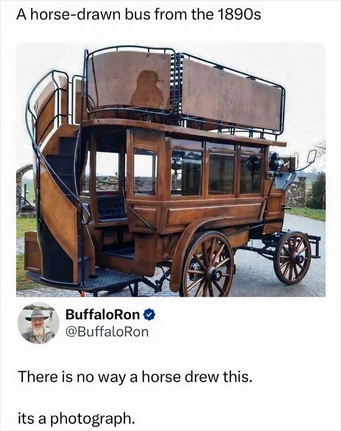 A humorous exchange about a horse-drawn bus from the 1890s, with a savage comment.
