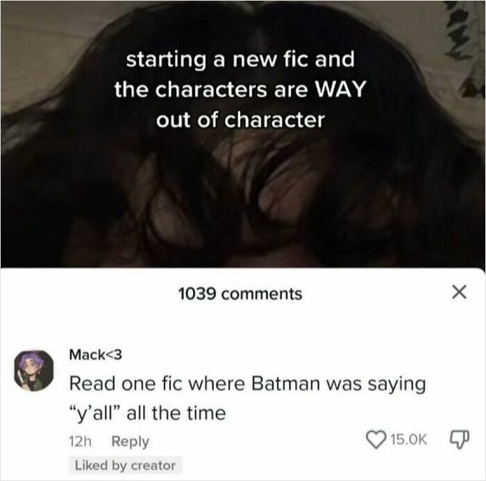A screenshot showing a savage comment about Batman saying 'y'all' in a fanfiction.