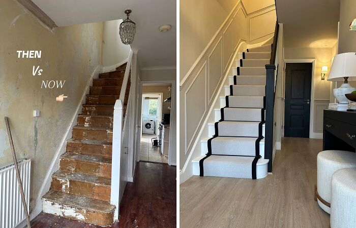 Before and after of a staircase renovation, revealing a modern, carpeted stair design.