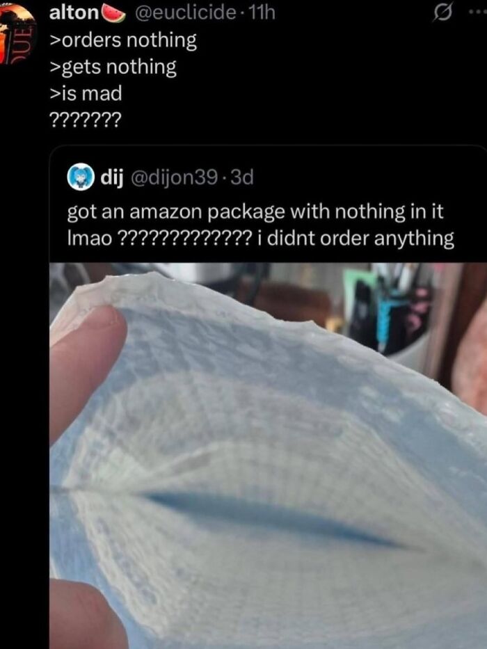 A screenshot of savage comments showing a person holding a packaging with nothing inside, sparking funny comments.
