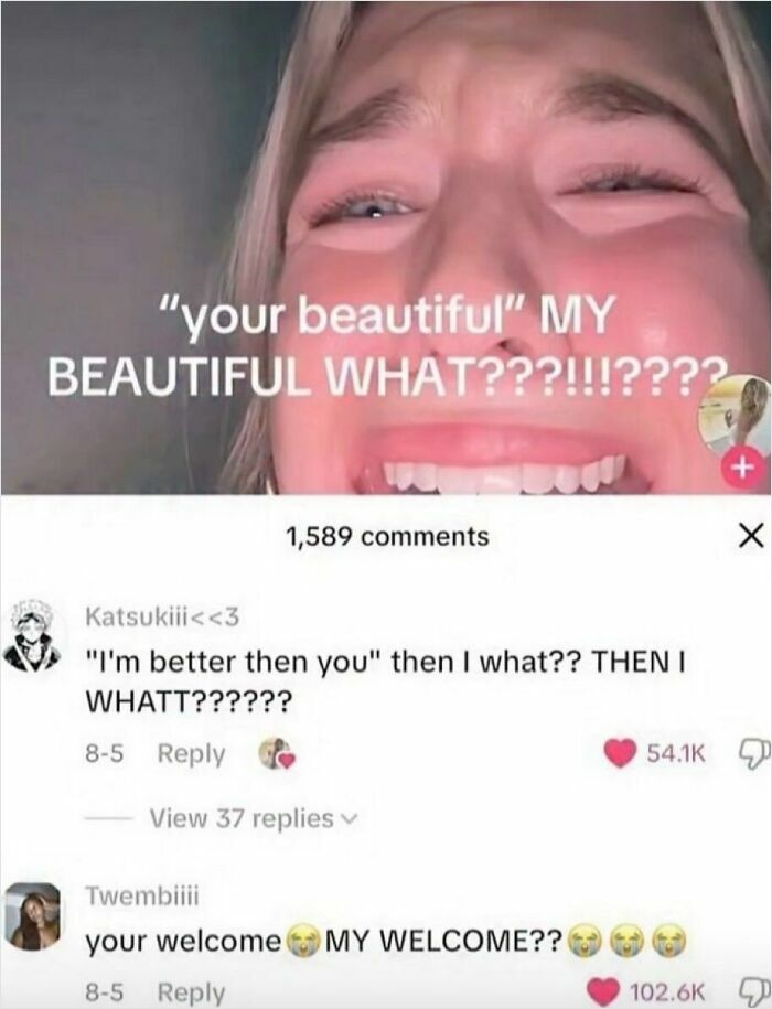 A girl crying while reading savage comments about grammar mistakes, showcasing people with no chill.