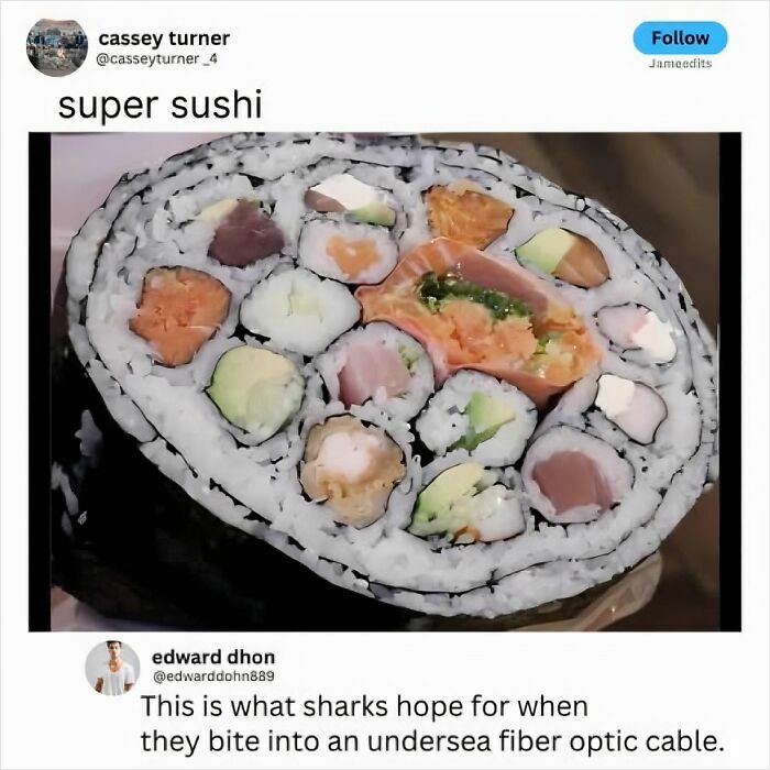 A giant sushi roll, described as super sushi, with a humorous comment about sharks hoping for it instead of fiber optic cables, a savage comment.