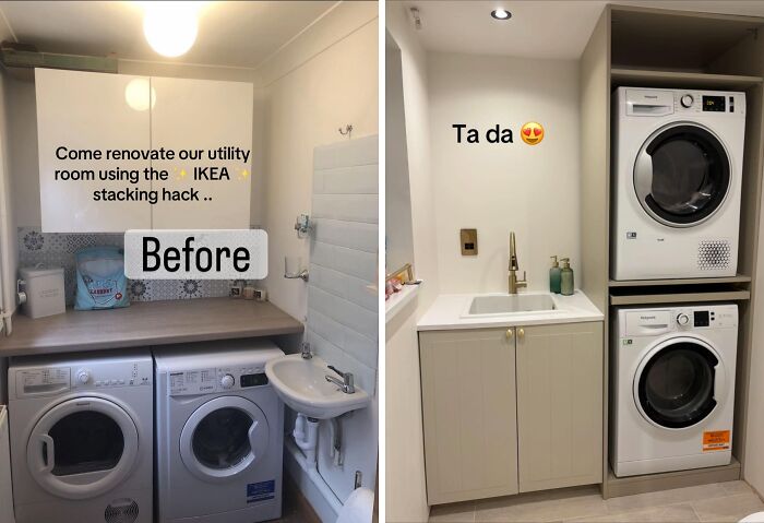 Before and after of a utility room renovation, showcasing clever storage and appliance upgrades.