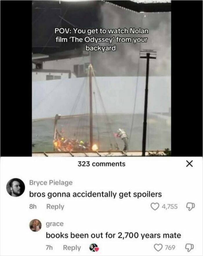A burning ship on water with a comment about spoilers, demonstrating savage comments from people with no chill.