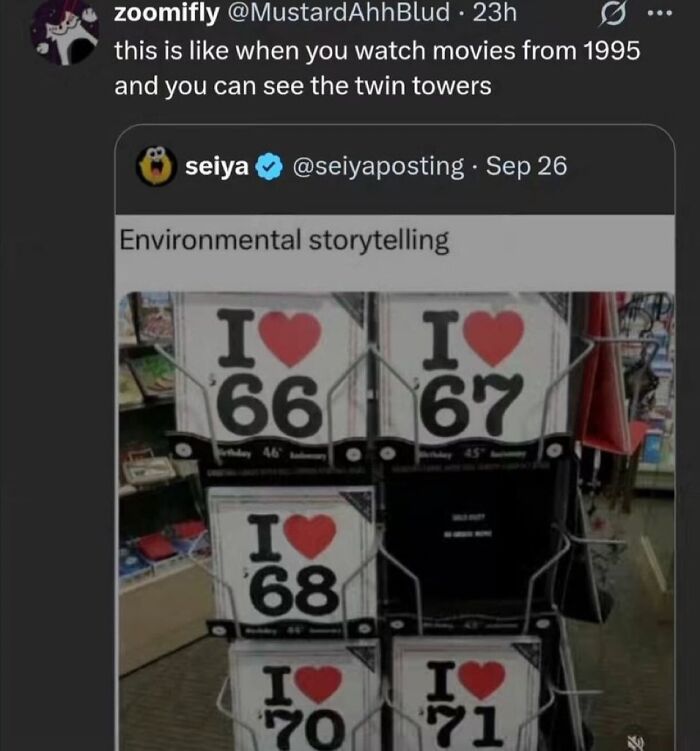A display of birthday cards with years I heart 66 through 71, an example of savage comments on the internet.