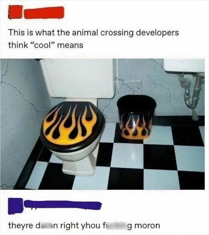 A toilet and trash can with flame decals, described as what Animal Crossing developers think is cool, with savage comments.