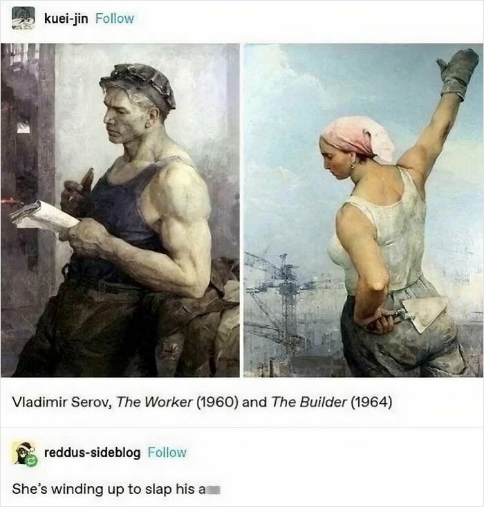 Two paintings titled The Worker and The Builder, with a savage comment suggesting the woman is about to slap the man.