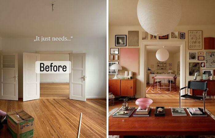 Before and after of a living room renovation, highlighting the stylish interior design and decor.
