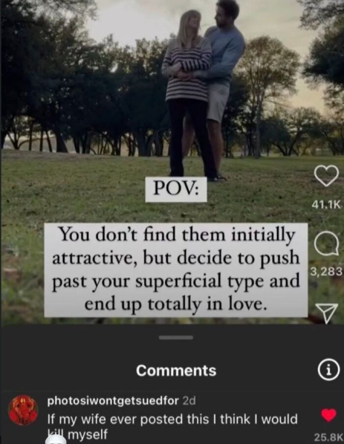 An image with the POV of finding someone attractive, below which is a savage comment left by someone with no chill.