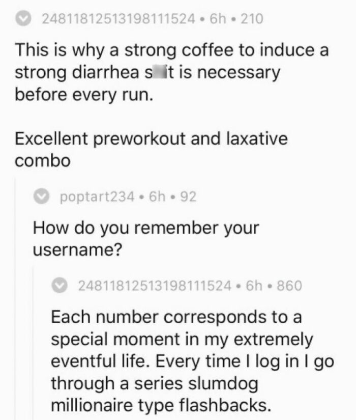A screenshot of savage comments about pre-workout coffee and a memorable username, demonstrating people who have no chill.