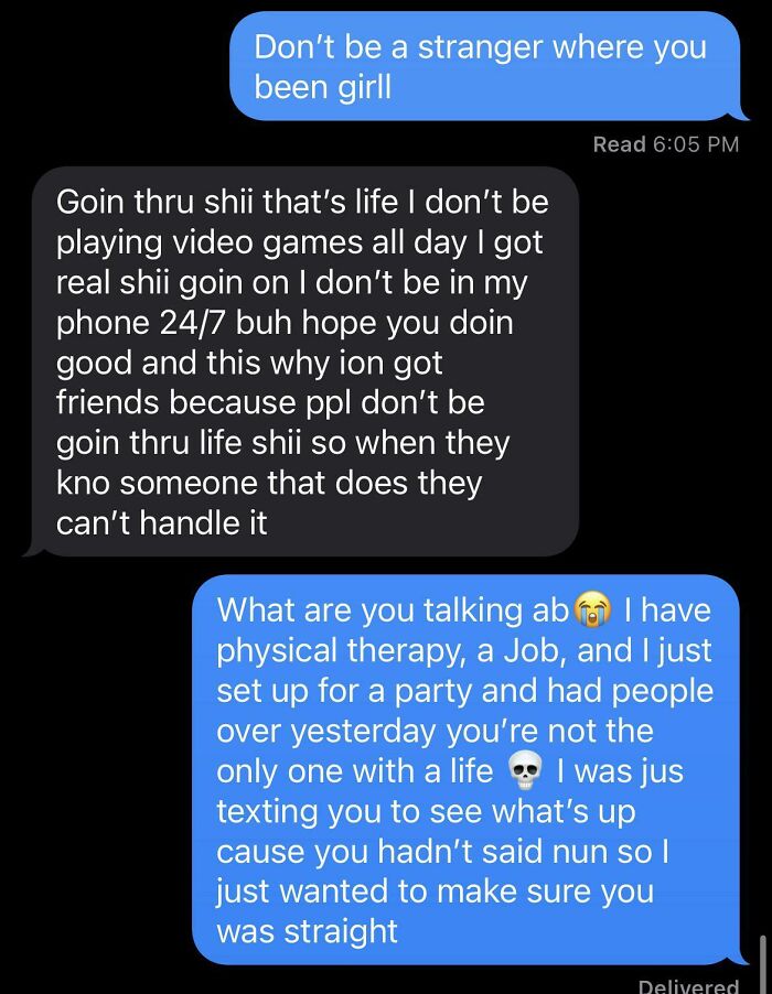 A screenshot of a text message exchange between two people about basic human decency and life struggles.