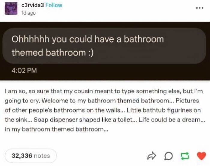 A screenshot of a Tumblr post discussing a bathroom themed bathroom, embodying a fever dream meme.