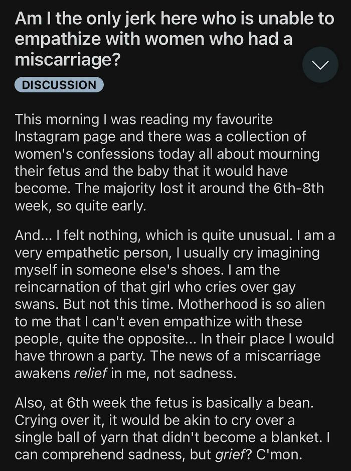 A screenshot of a Reddit post discussing a person's inability to empathize with women who had a miscarriage, illustrating a lack of basic human decency.