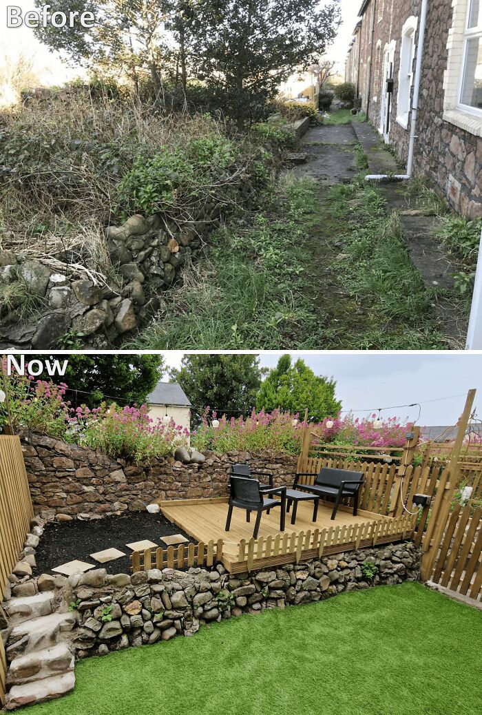 Garden home renovation, turning an overgrown, neglected backyard into a beautiful outdoor living space with a wooden deck, artificial grass, and stone walls.