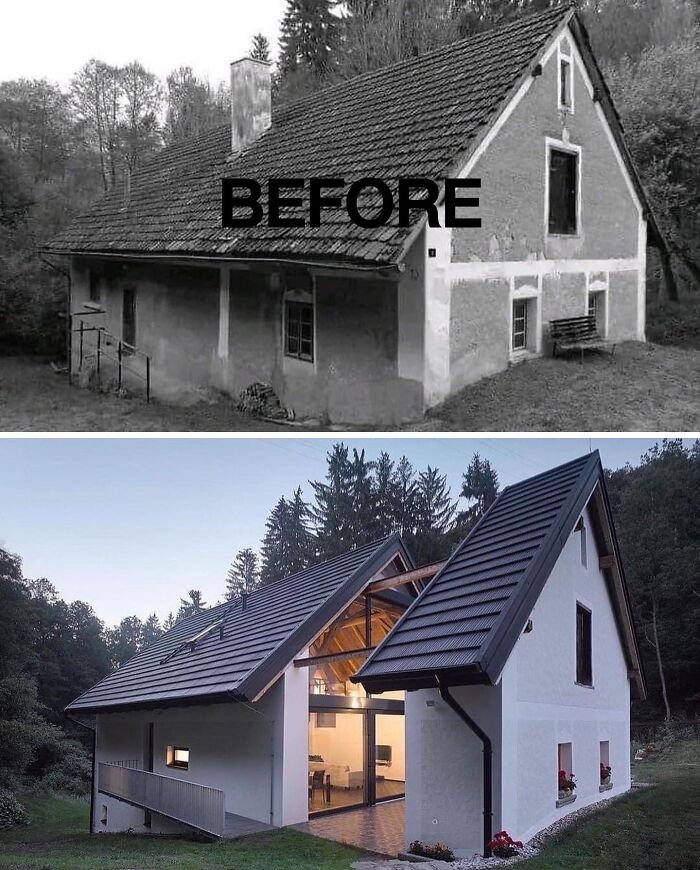 Before and after shot of a house renovation, showing the dramatic transformation of a rural home.