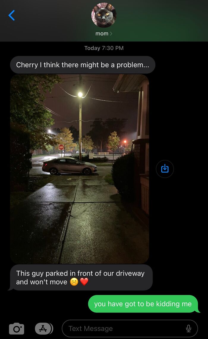 A text message exchange with an image of a car parked directly in front of a driveway, a clear example of lacking basic human decency.
