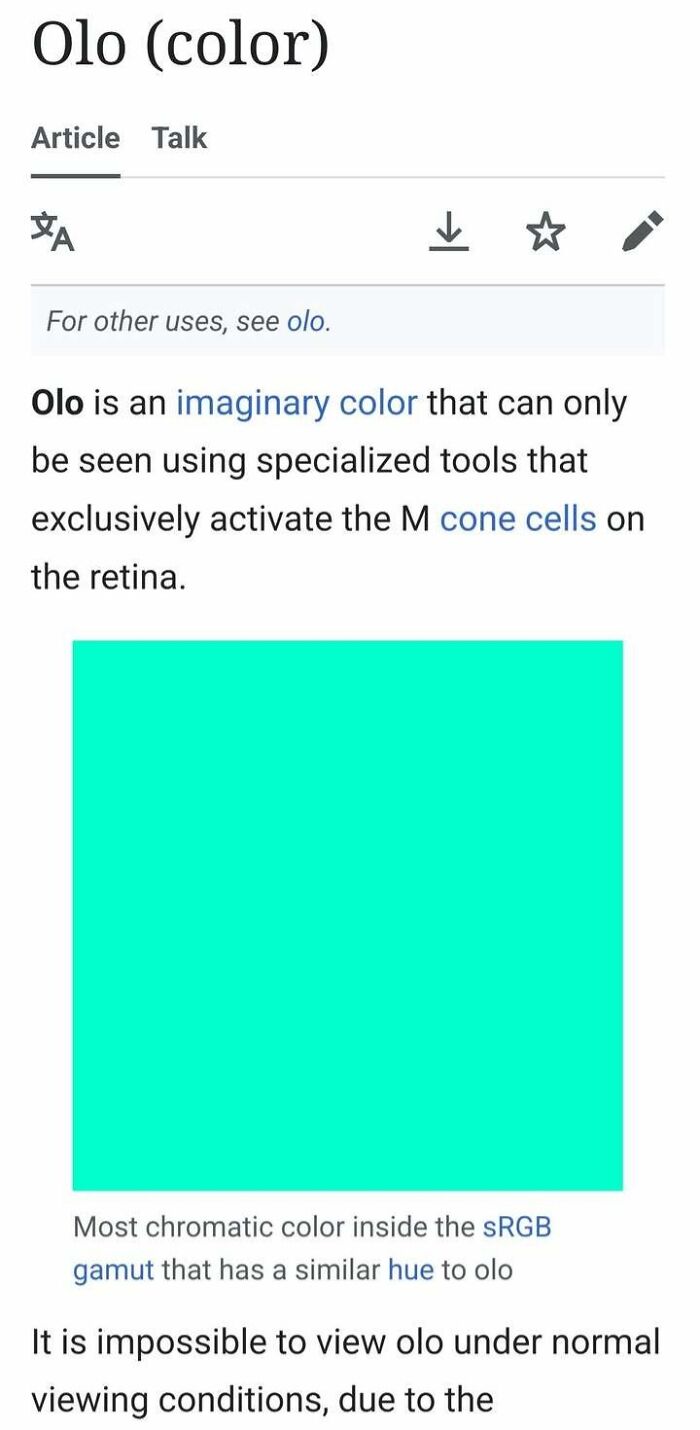 A Wikipedia page defining Olo, an imaginary color, with a solid teal square. This meme captures a fever dream.