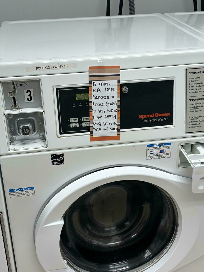 A notice on a Speed Queen commercial washer warning about tobacco and feces, illustrating a lack of basic human decency.