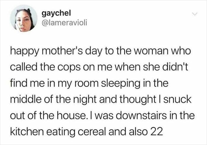 A tweet from a 22-year-old recounting how their mother called the police for being in the kitchen, demonstrating a lack of basic human decency.