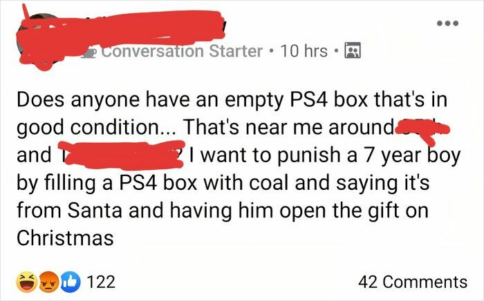 A Facebook post asking for an empty PS4 box to prank a 7-year-old with coal for Christmas, showing a lack of basic human decency.
