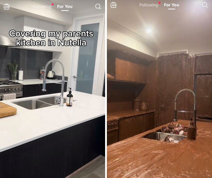 A TikTok video showing a kitchen before and after being covered entirely in Nutella, a clear example of lacking basic human decency.