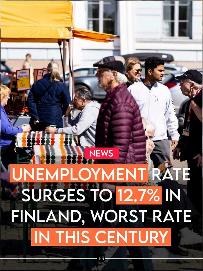 An image reporting Finland's unemployment rate surging to 12.7%, illustrating baffling posts about work and recruiting challenges.