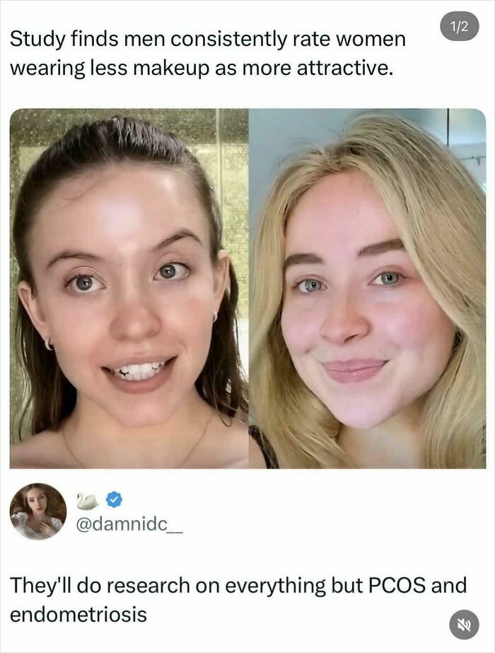 A hilariously savage tweet comparing two women, one with less makeup, and a comment about research priorities, showing a burn.
