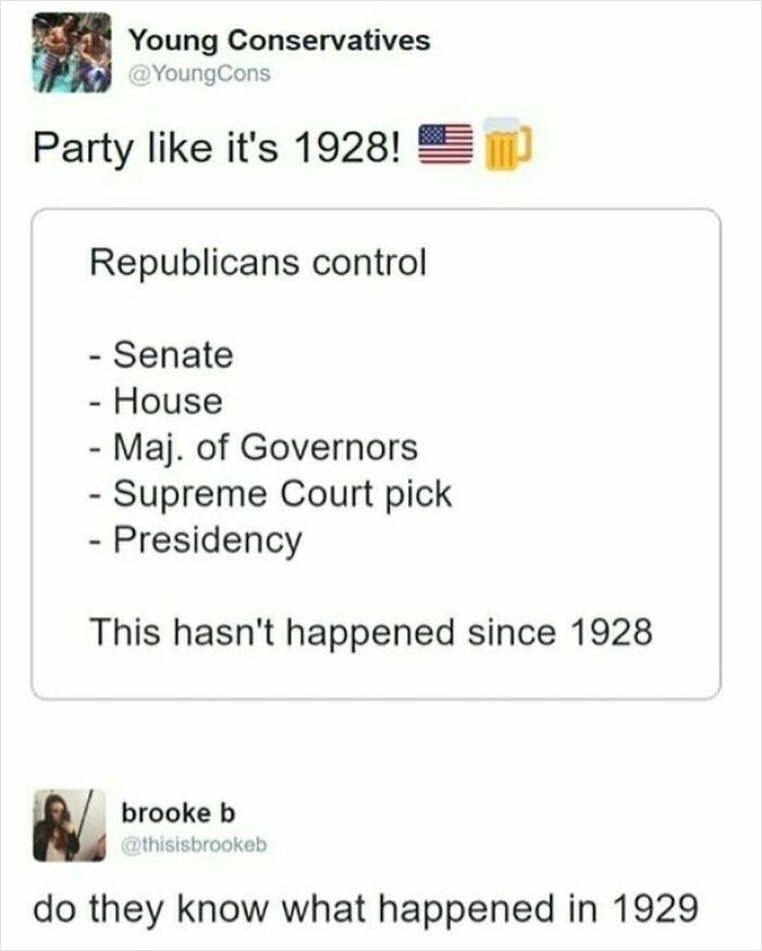 A tweet from Young Conservatives about Party like it's 1928 with a hilariously savage burn.