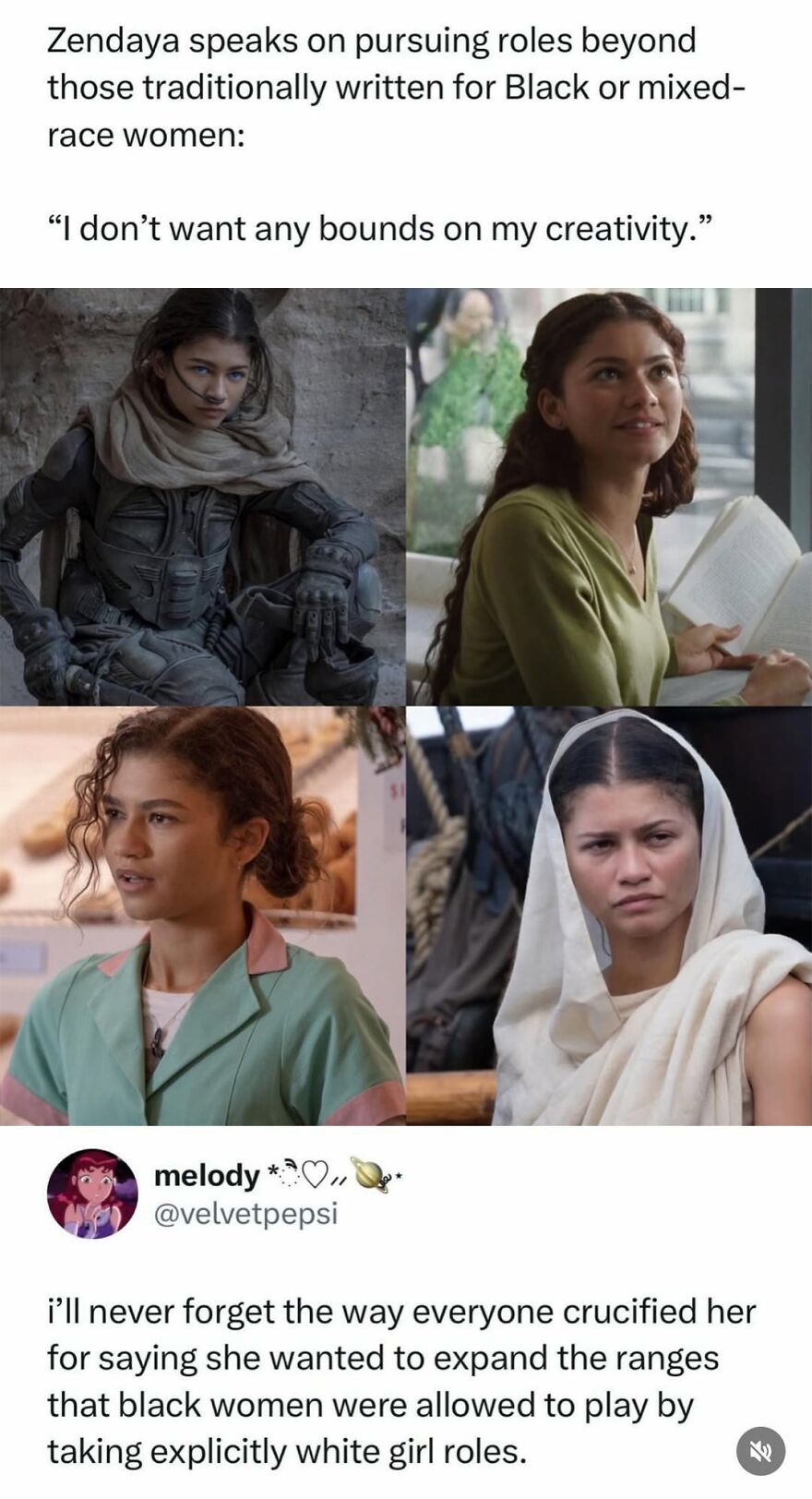 Zendaya in various roles and on the red carpet, from a pop culture post about her diverse acting career.
