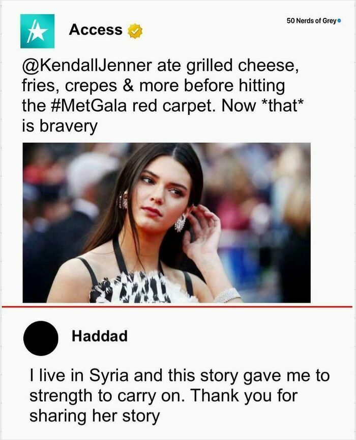 A social media post with a savage burn from a Syrian commenter responding to Kendall Jenner's Met Gala story.