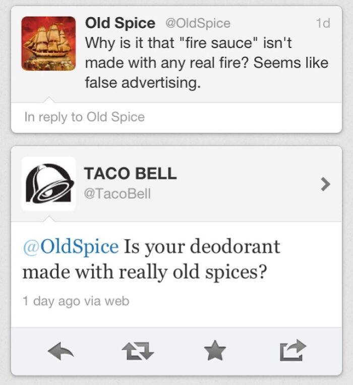 A Twitter screenshot showing a hilarious burn between Old Spice and Taco Bell.